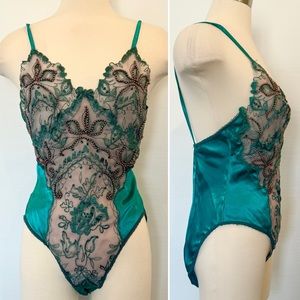 Trashy Lingerie Silky Satin Emerald Green Beaded Vintage Bodysuit Holiday M
